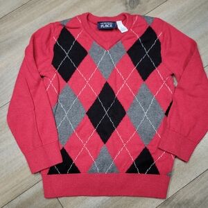 The Children's Place Red and Gray Argyle Sweater